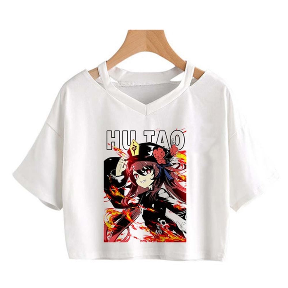 Genshin-croptop-t-shirts-hu-tao-anime-printing-white-shirt - Full Size To 5xl