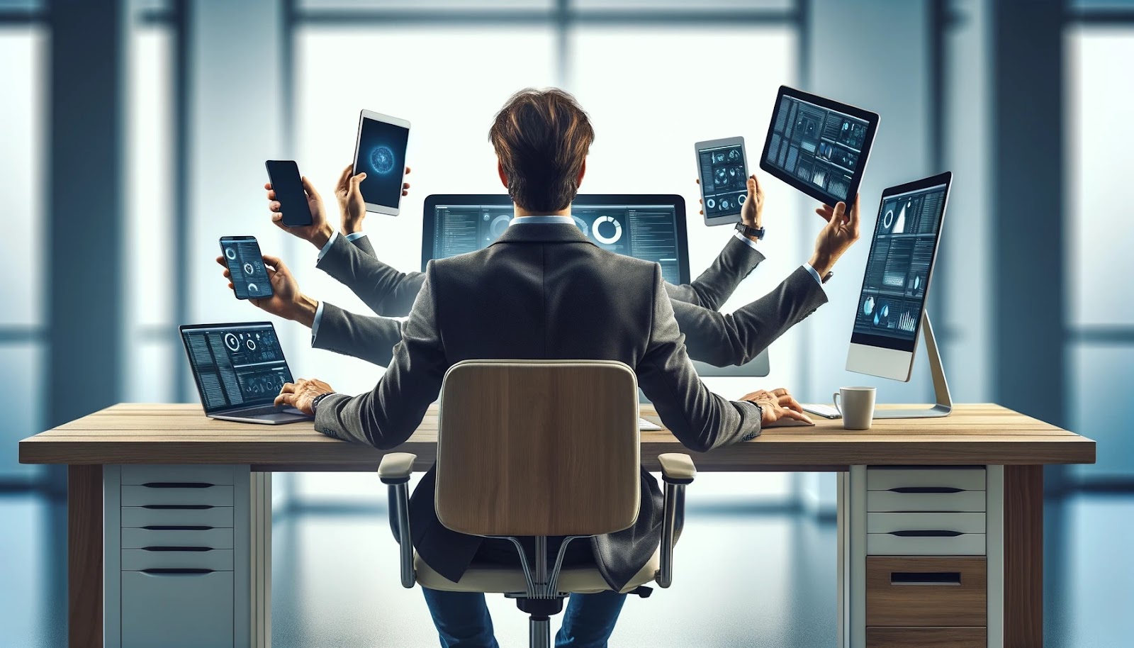 multiarmed business professional multitasking