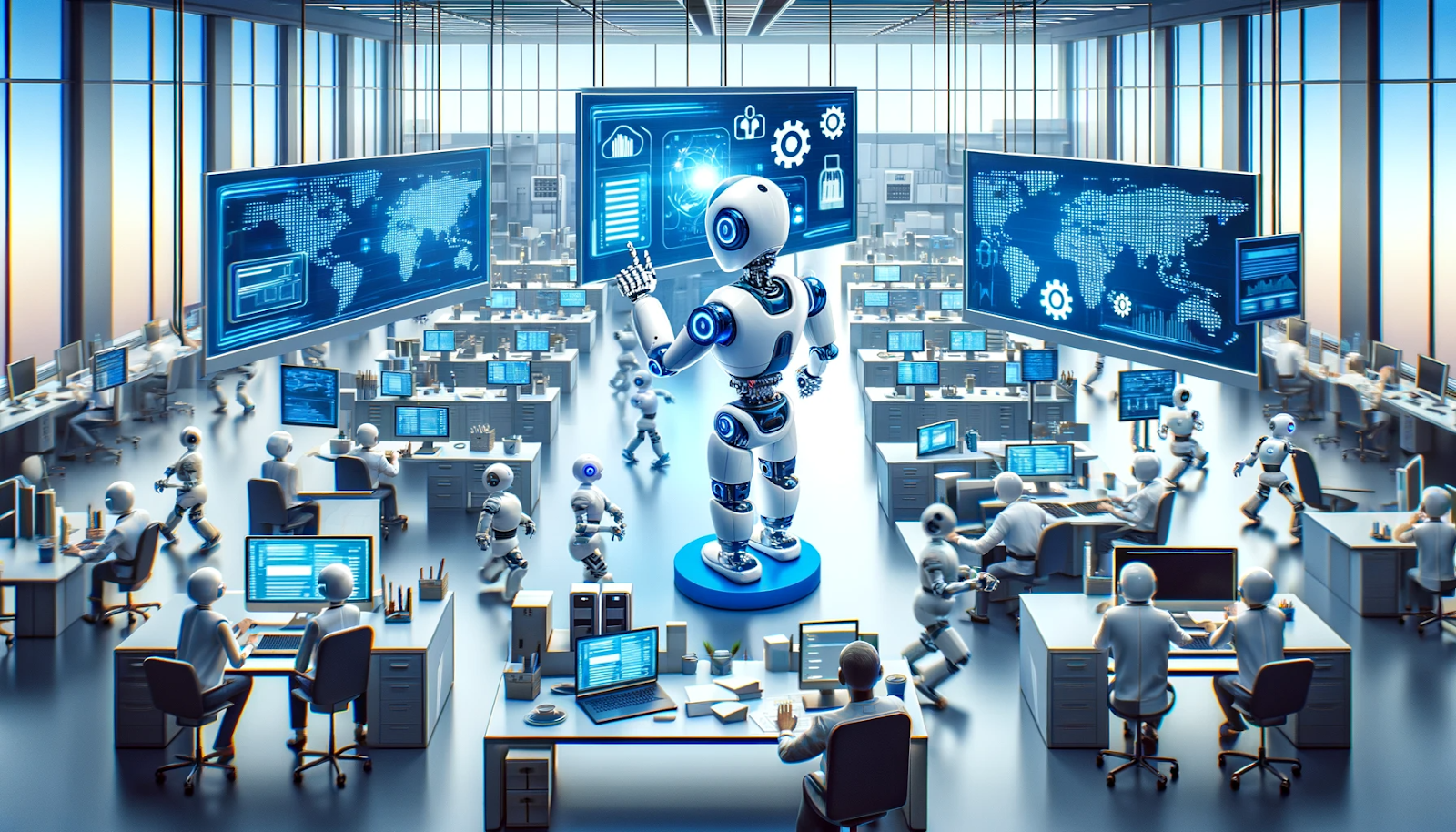Robot in the middle of an business orchestrating tasks
