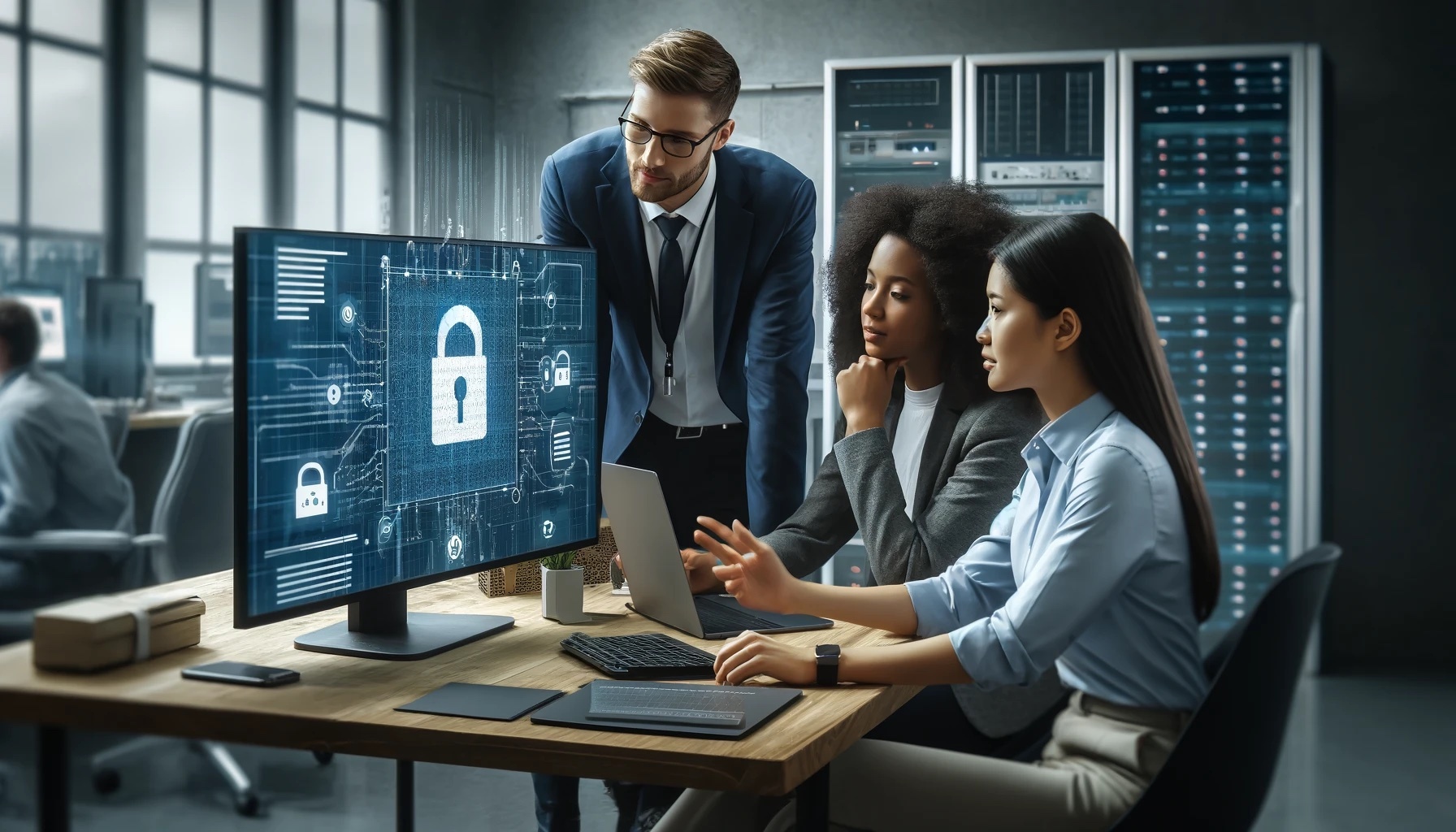 three workers at a desk in front of a computer screen showing a padlock.