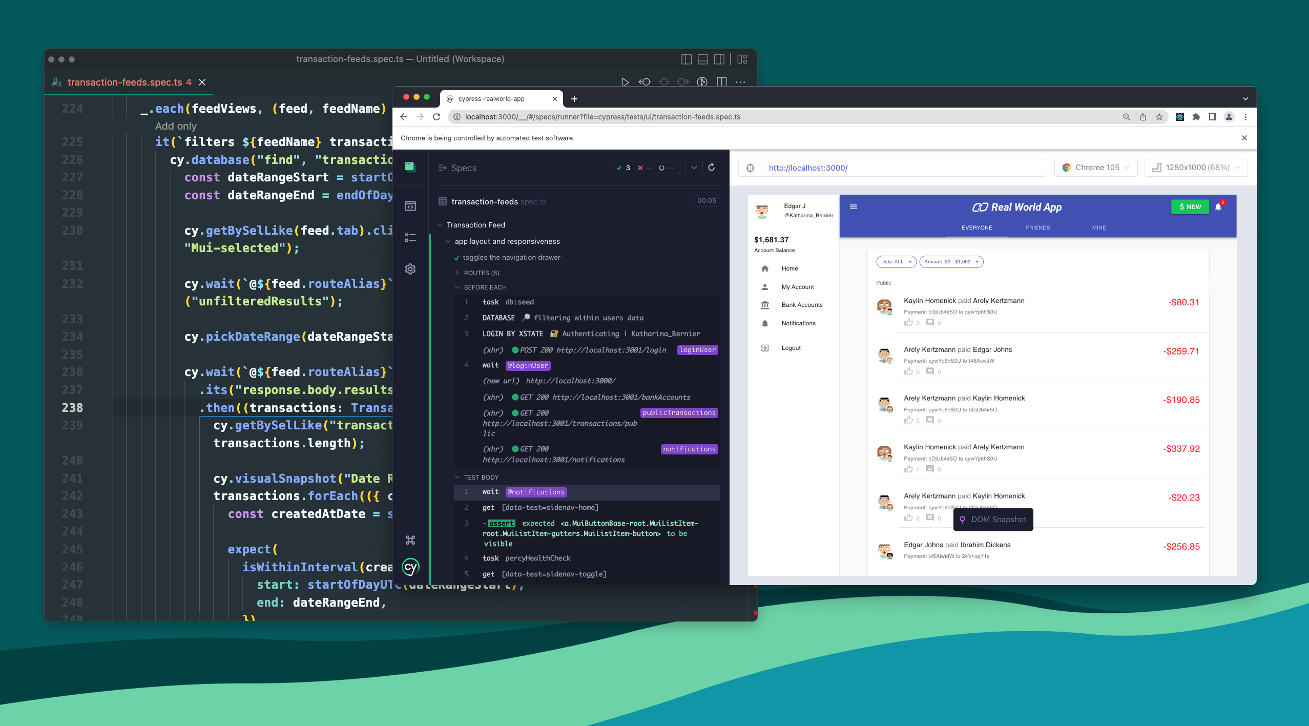 Cypress code in a code editor next to a browser window with the Cypress test user interface