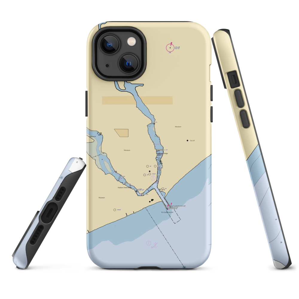 Rogers Street Fishing Village (Manitowoc, WI) NOAA Chart  Tough iPhone Case iPhone 14 Plus model shown