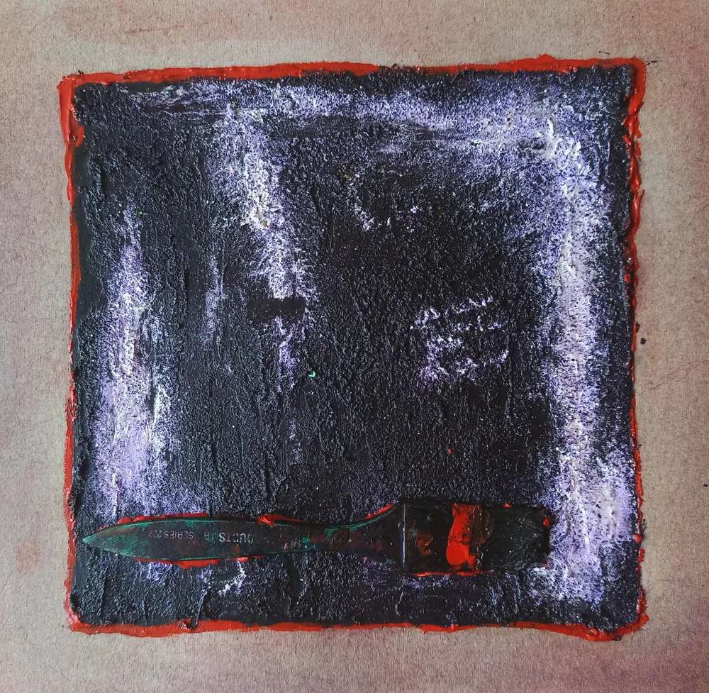 Mystic XIV: Chalk Powder, Discarded Cardboard, Alcohol, Glue, Acrylic paint, Found Dried brush