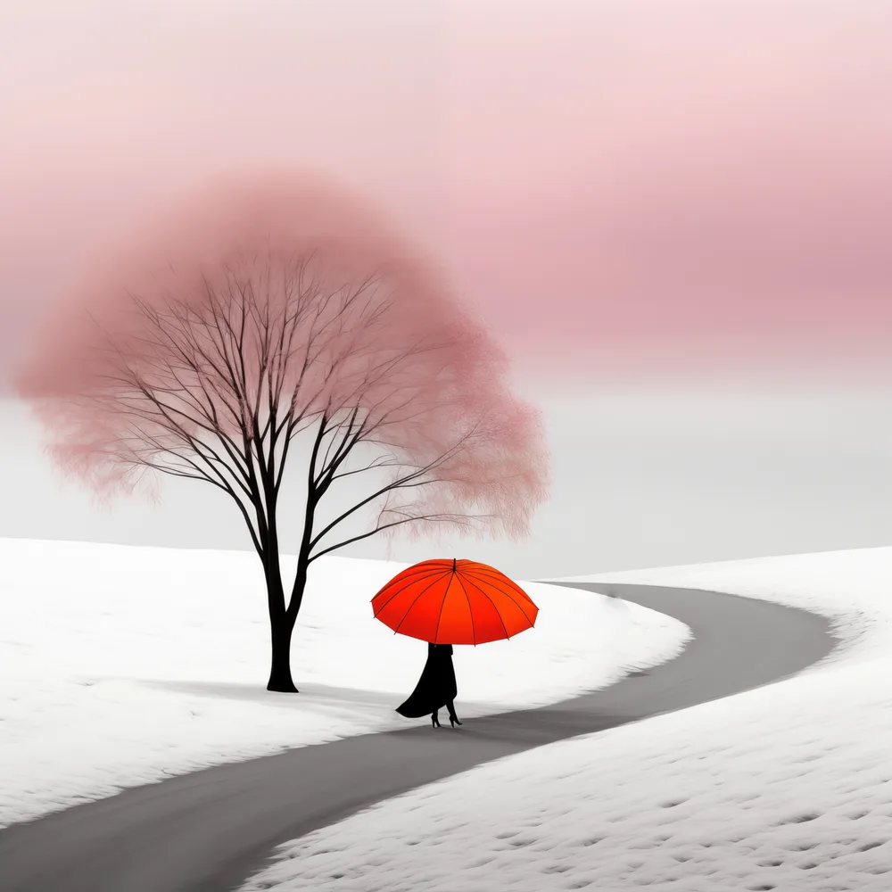 Winter Walk with a Red Umbrella