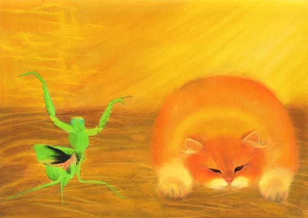 Not today bro, not today… (lazy cat and praying mantis)