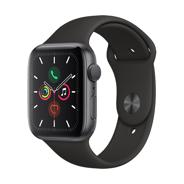 Apple watch series 5 gps 44mm space gray aluminum black sport band 34r vertical us en screen