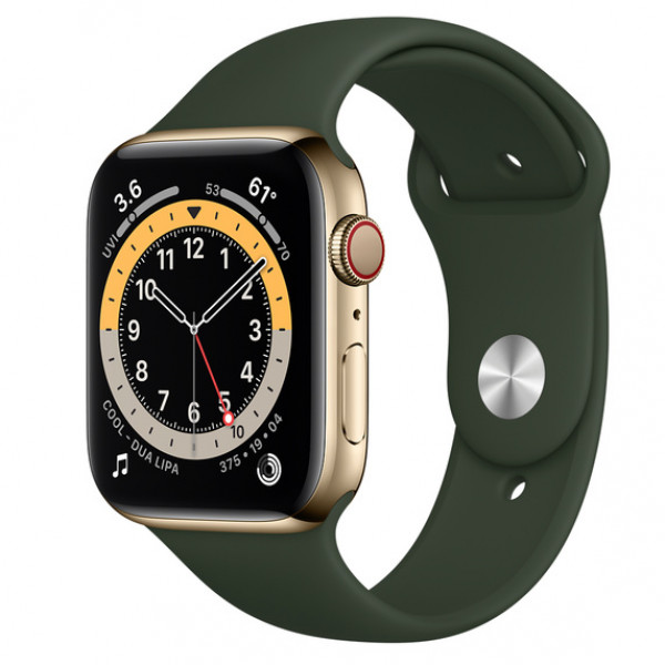 Apple watch series 6 gps cellular 44mm gold stainless steel case with cyprus green sport band m09f3 in qatar 600x600
