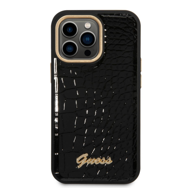 Guess pu leather black pu croco case with metal camera outline for iphone 14 pro in qatar 600x600