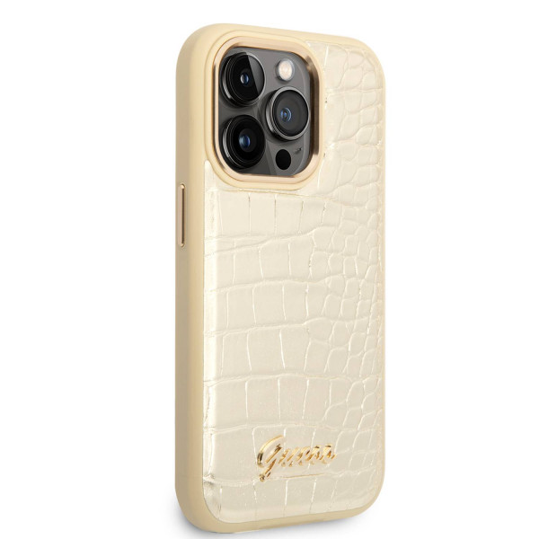 Guess pu leather gold pu croco case with metal camera outline for iphone 14 pro in qatar 600x600