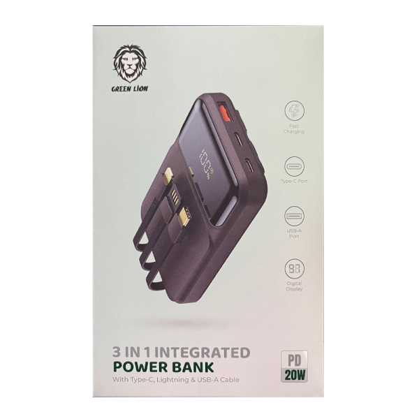 Green lion 3 in 1 integrated power bank pd 20w with type c lightning and usb a 10000mah black in qatar 600x600
