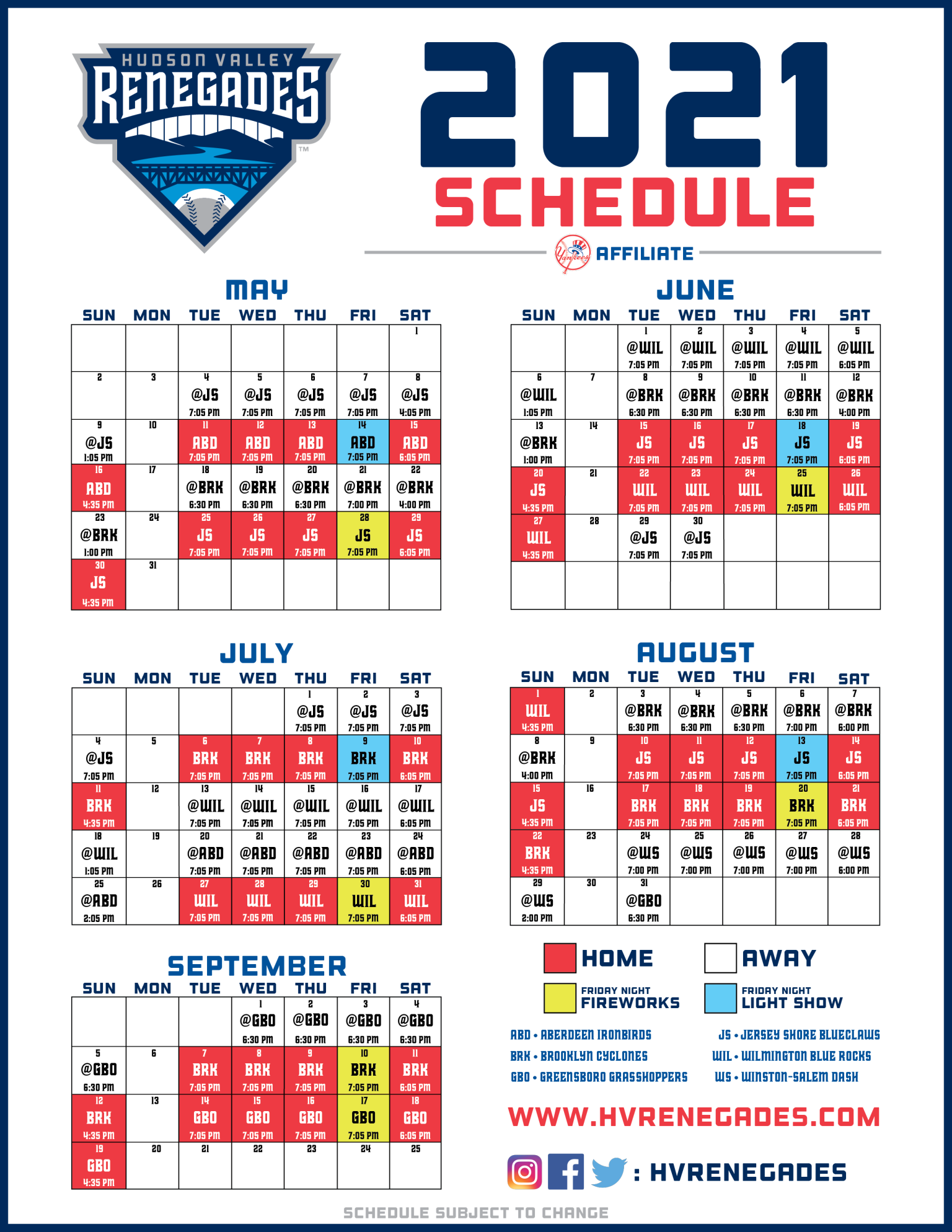 2021 – Hudson Valley Renegades Schedules