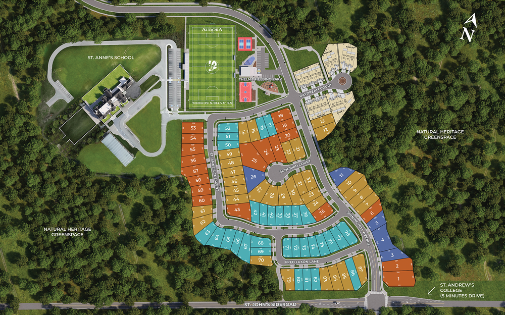Gates of St. Anne's site plan with numbered lots, St. Anne's School and the natural heritage greenspace