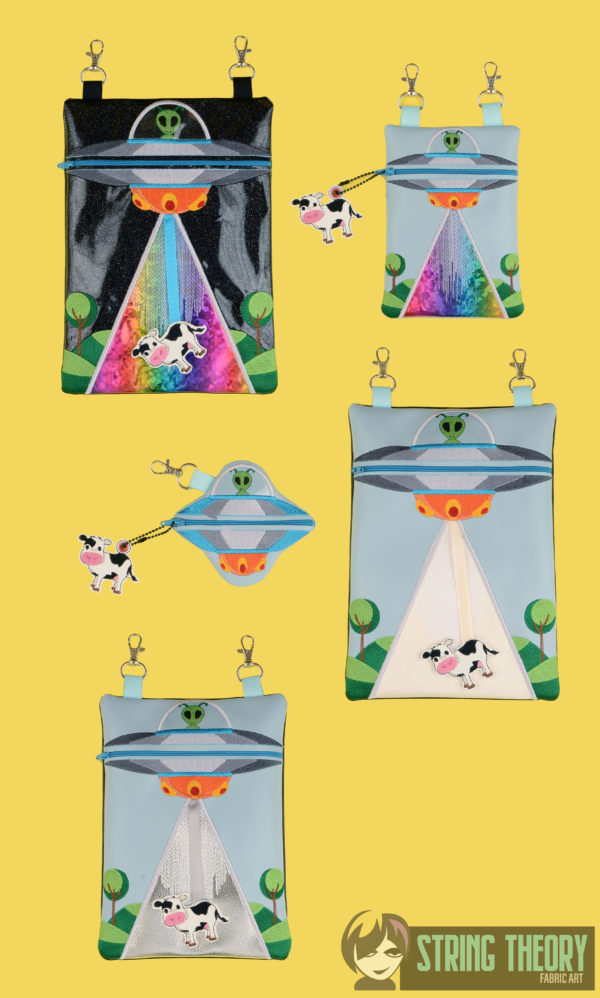 UFO Abduction Partially Lined Zip Bag with Cow Dangle