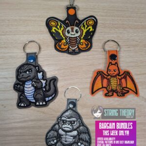 Chibi Kaiju snap tab key fob Set ITH machine embroidery design