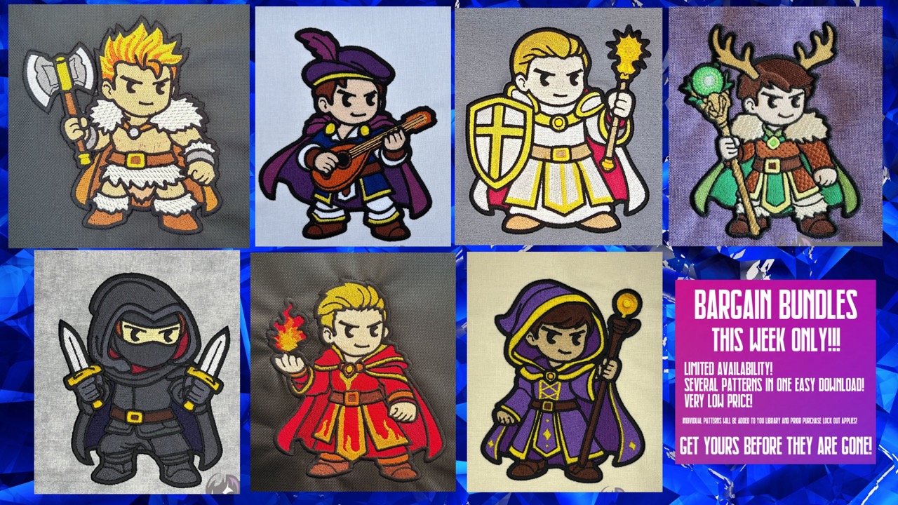 DND Chibi Boy Heroes 5x7 machine embroidery pattern bundle