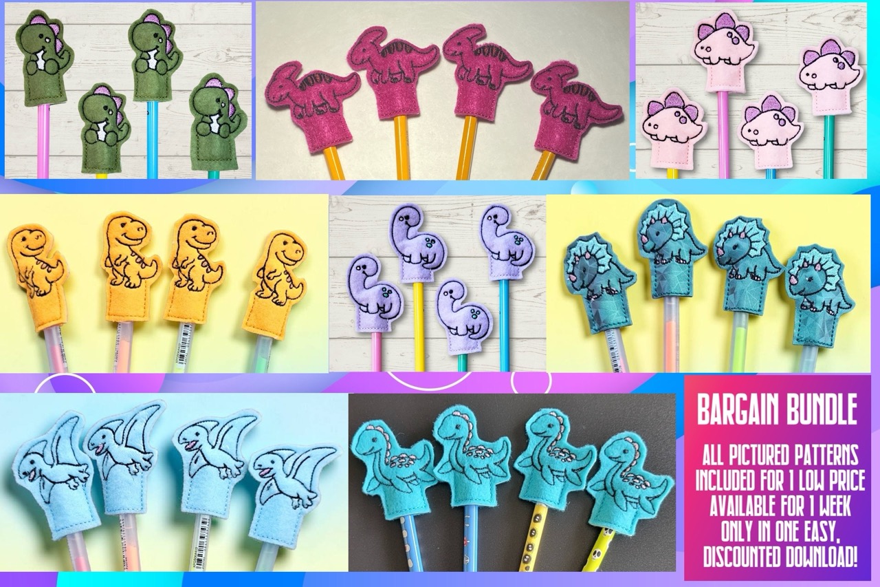 Tiny Cute Dinosaur Pencil Topper ITH Machine Embroidery Design Bundle