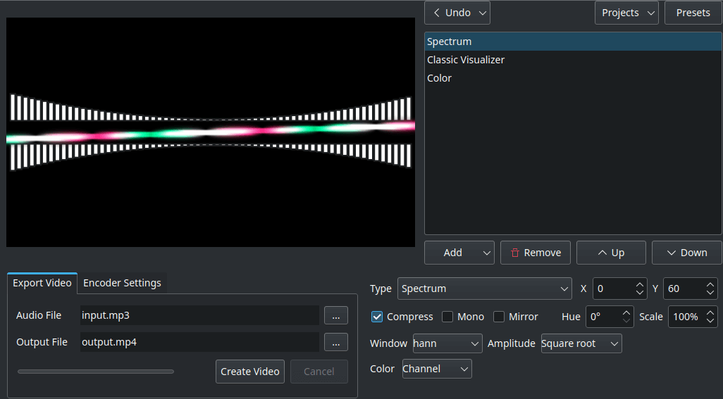 Screenshot of audio-visualizer-python in dark mode, with 3 components: spectrum, classic visualizer, color. A preview with some wavy lines in top-left. In the bottom-right, there are way too many dropdown menus with settings