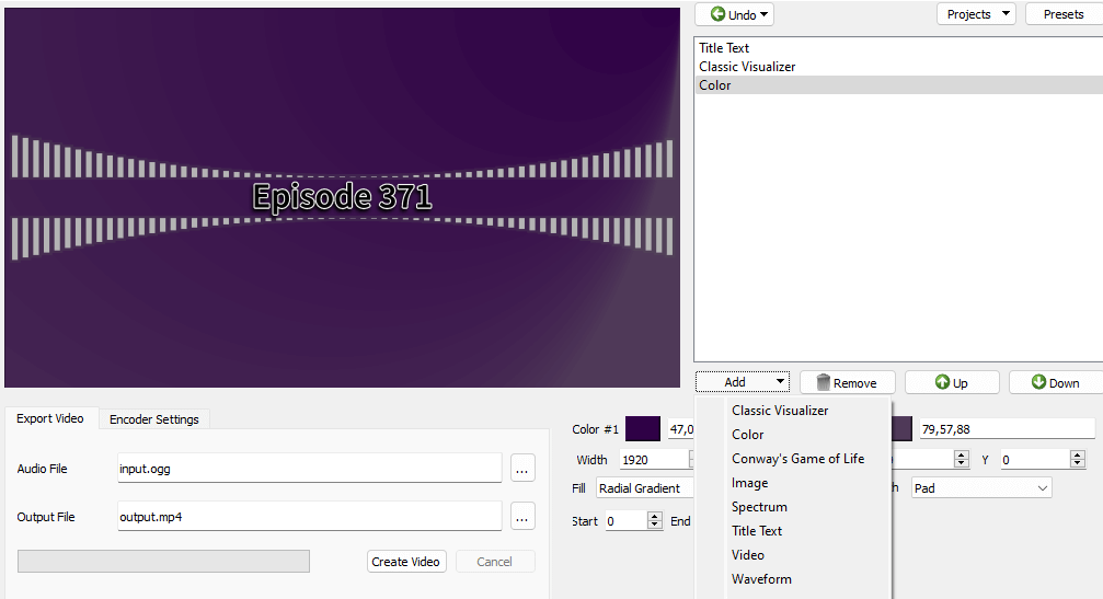 Screenshot of audio-visualizer-python in light mode, with 3 components: title text, classic visualizer, color. A preview with some wavy lines in top-left, with the text 'episode 371' overlaid. In the bottom-right, there are way too many dropdown menus with settings