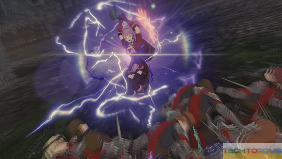 Fire Emblem-Três Hopes personagem Hilda atacando inimigos