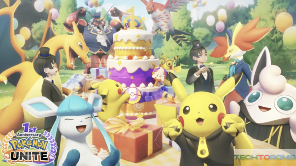 Pokemon-personages vieren rond een taart