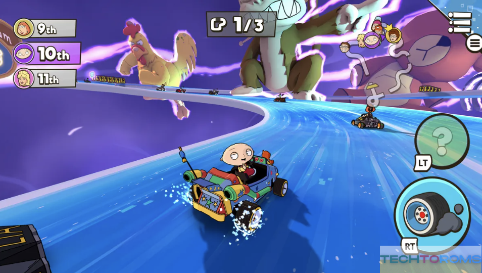 Stewie van Family Guy racet op een blauwe baan met iconic tekens op de achtergrond weergeven