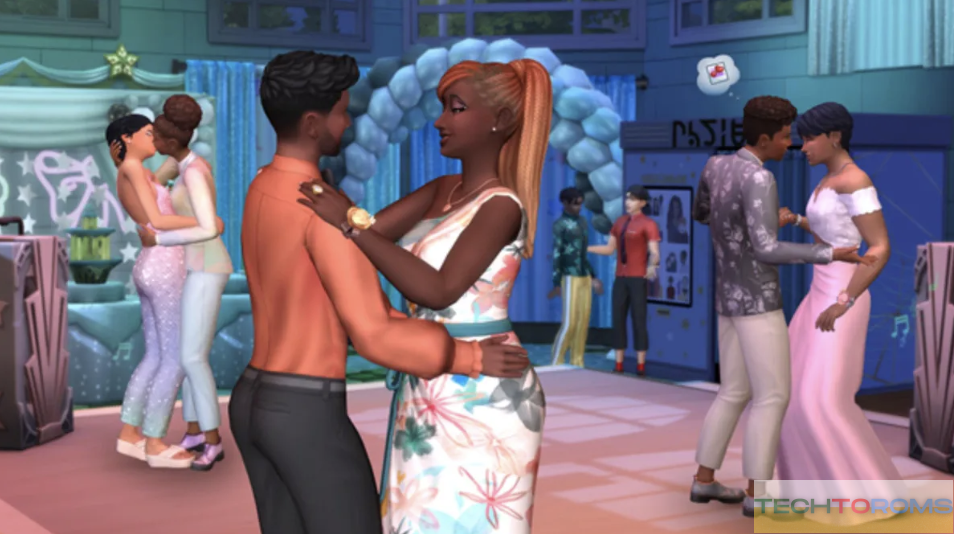 Two teenage sims dancing together at prom