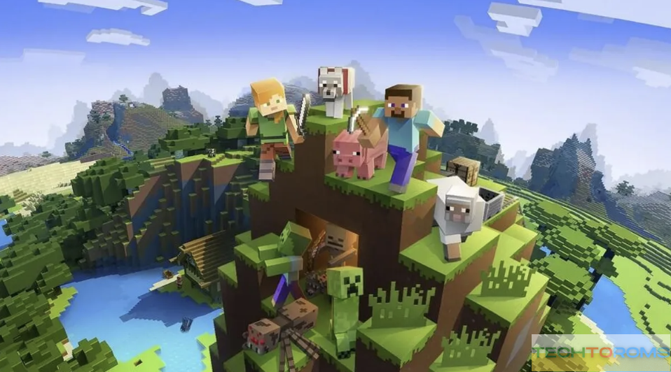 minecraft karakters en dieren bovenop een kleine heuvel