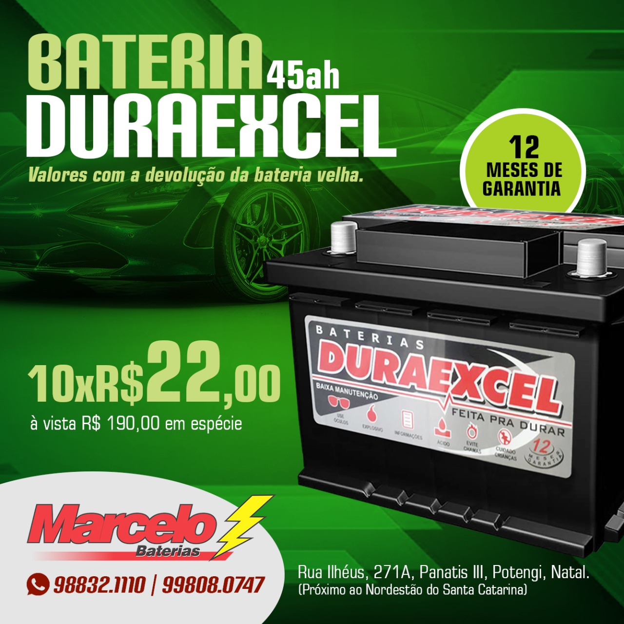 Promoção: Bateria Automotiva Duraexcel 45ah