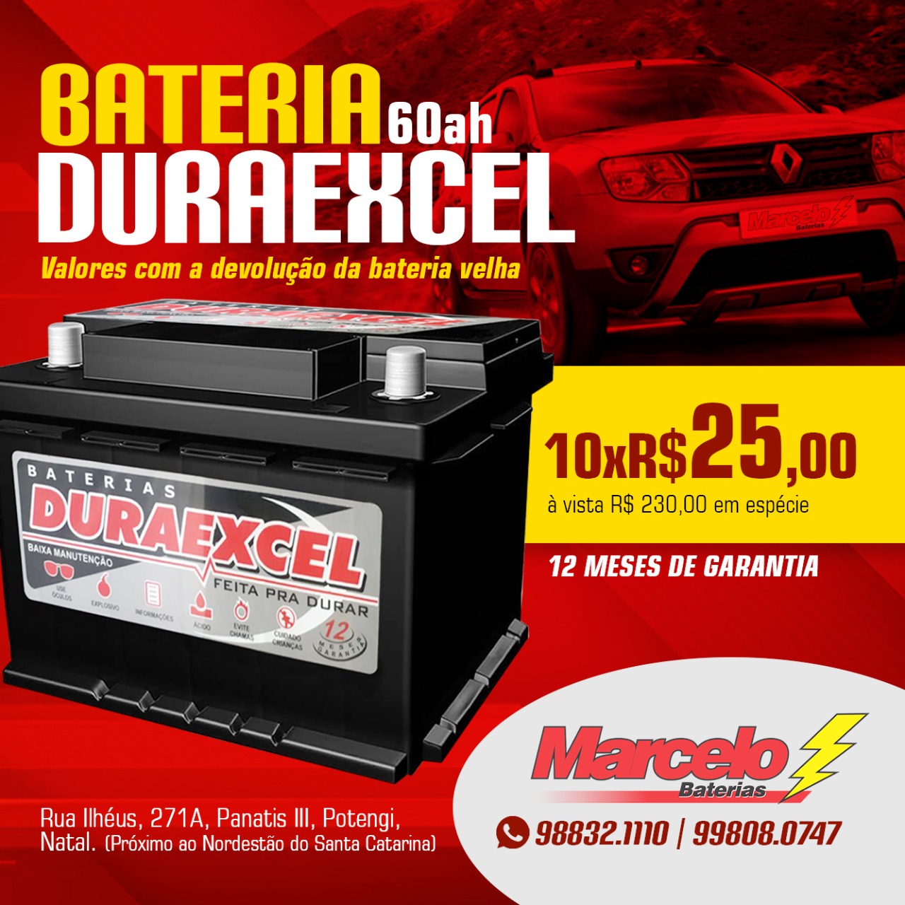 Promoção: Bateria Automotiva Duraexcel 60ah