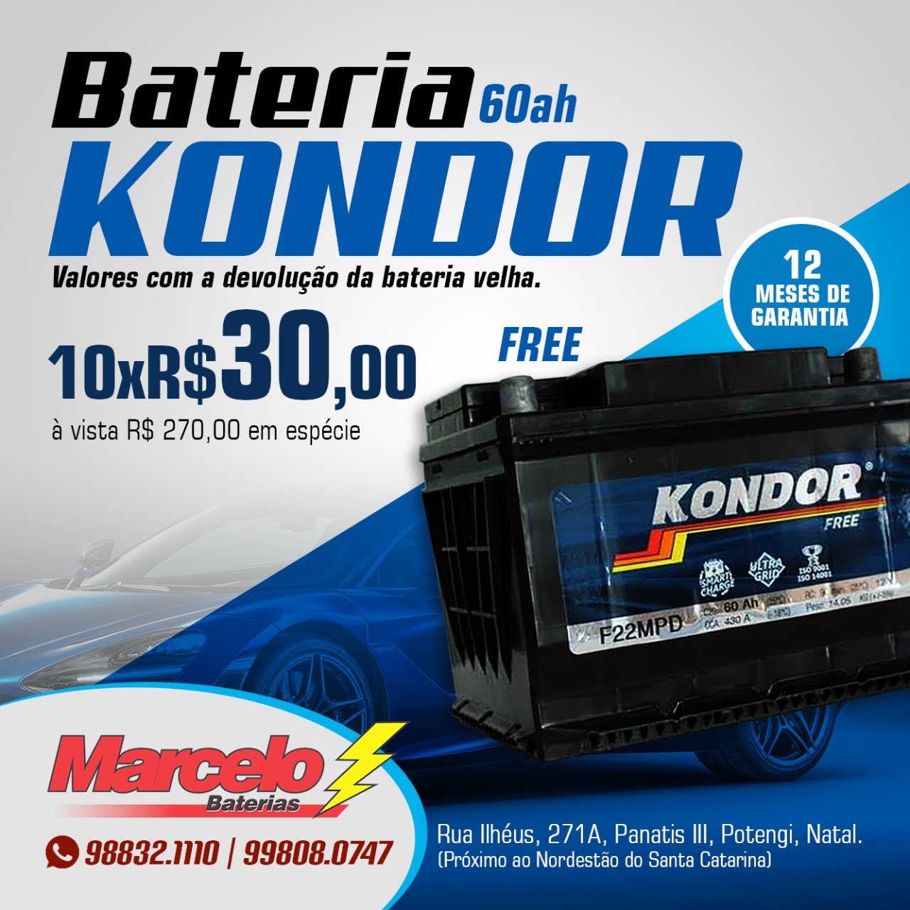 Promoção: Bateria Kondor Free 60 ah