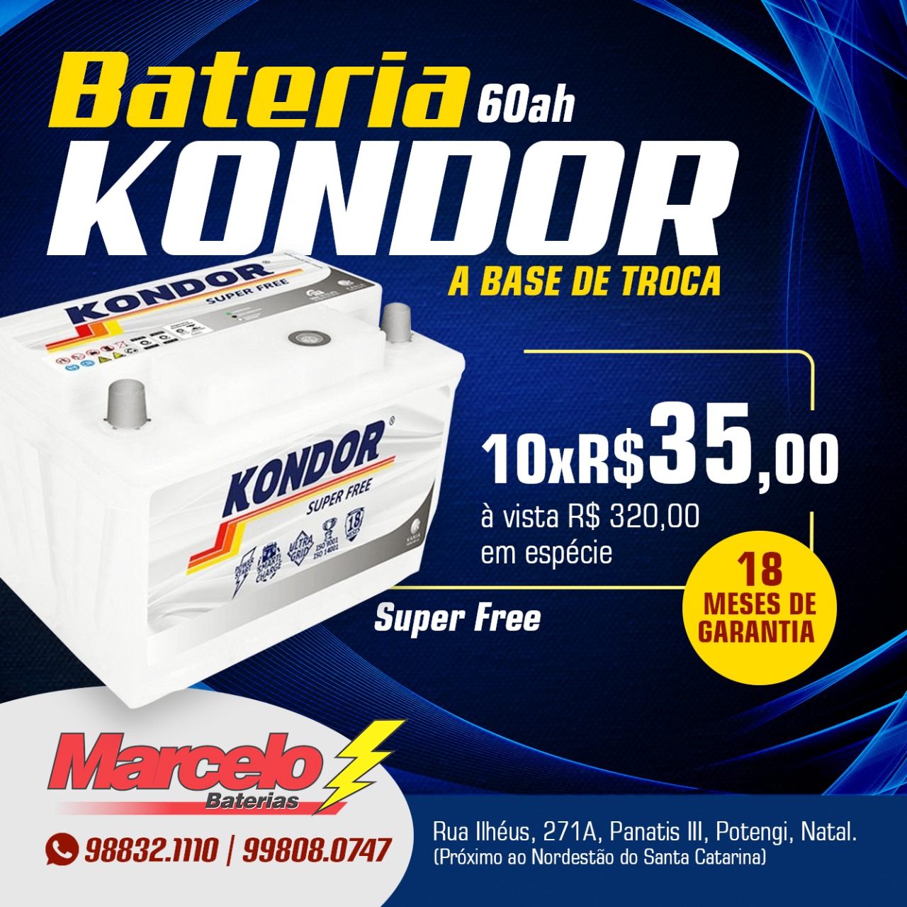 Promoção: Bateria Kondor Super Free 60 ah