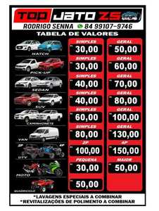 oferta Tabela de Preços da Lavagem Automotiva da empresa Top Jato Zona Sul