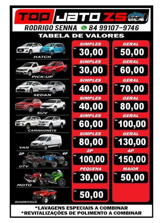 Promoção: Tabela de Preços da Lavagem Automotiva