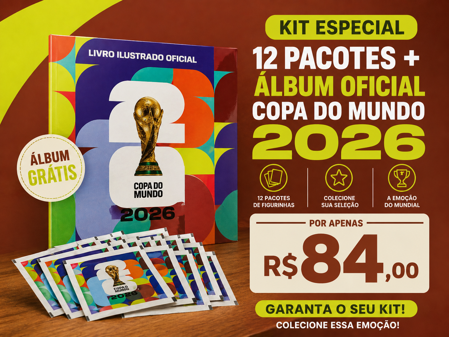 oferta Kit com 12 pacotes + Álbum Copa do Mundo 2026 da empresa Conveniência Revistaria e Chaveiro Paulista