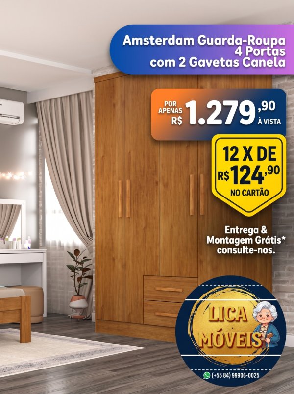 oferta Guarda-Roupa Amsterdam 4 Portas E 2 Gavetas Canela | Sofisticação E Espaço Para O Seu Quarto da empresa Lica Móveis - Amaro Barreto