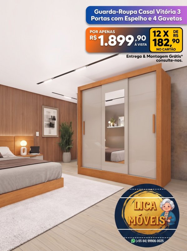 oferta Guarda-Roupa Casal Vitória 3 Portas Com Espelho E 4 Gavetas da empresa Lica Móveis - Amaro Barreto
