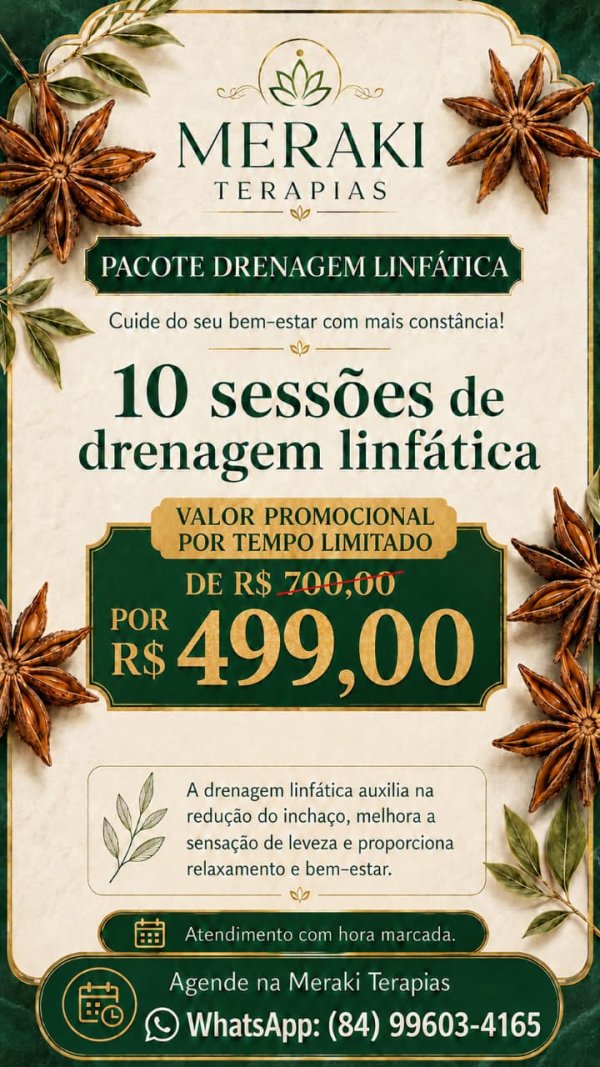 oferta 10 sessões de drenagem linfática da empresa Meraki Terapias de Cuidado