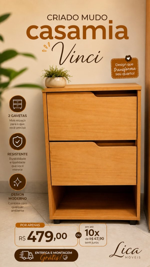 oferta Criado-Mudo Casamia Vinci Com 2 Gavetas, da empresa Lica Móveis - Amaro Barreto