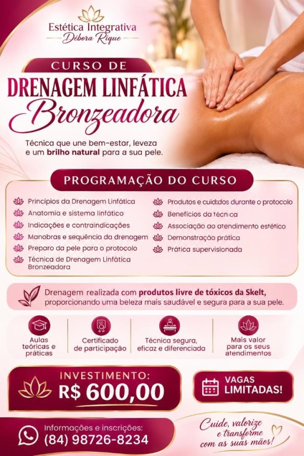 oferta Curso de Drenagem Linfática Bronzeadora da empresa Estética Integrativa Débora Rique