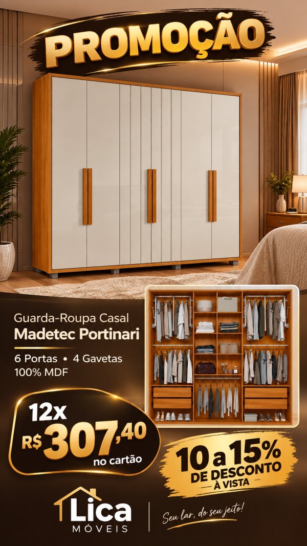 oferta Guarda-Roupa Casal Madetec Portinari 6 Portas da empresa Lica Móveis - Amaro Barreto