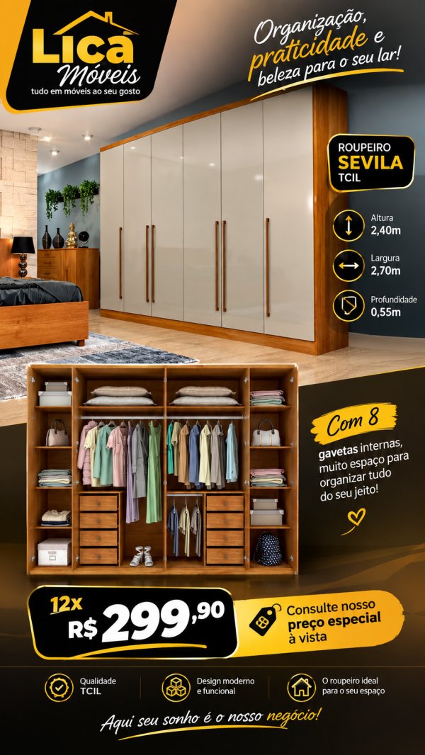 oferta Roupeiro Sevilha 6 Portas Tcil – 8 Gavetas Internas da empresa Lica Móveis - Amaro Barreto