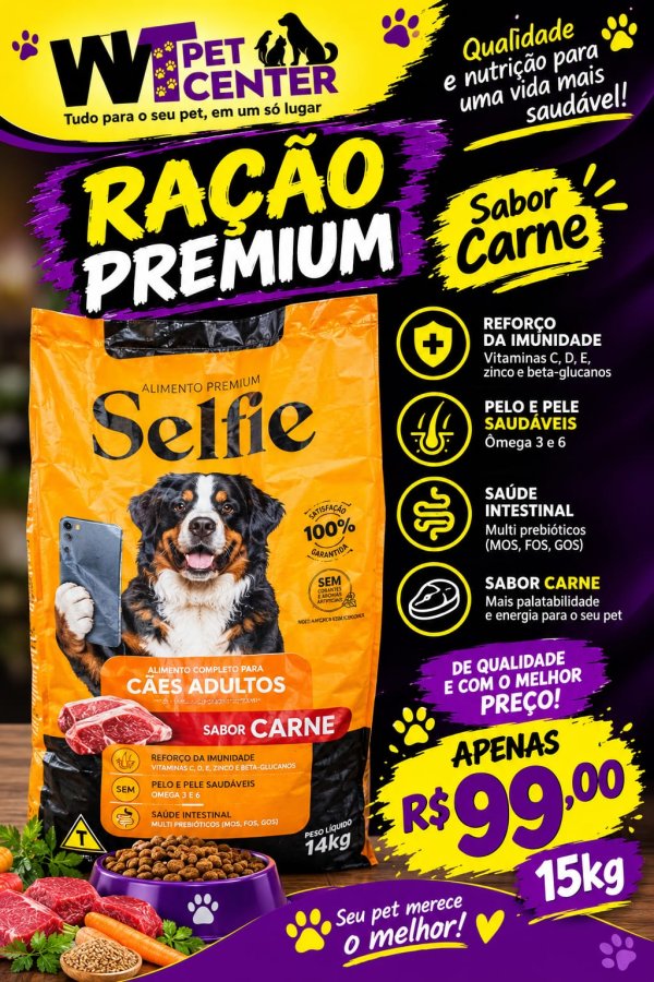 oferta Selfie - Ração Premium para Cães Adultos (Sabor Carne) 15kg da empresa WT Pet Center - Ração e Pet shop