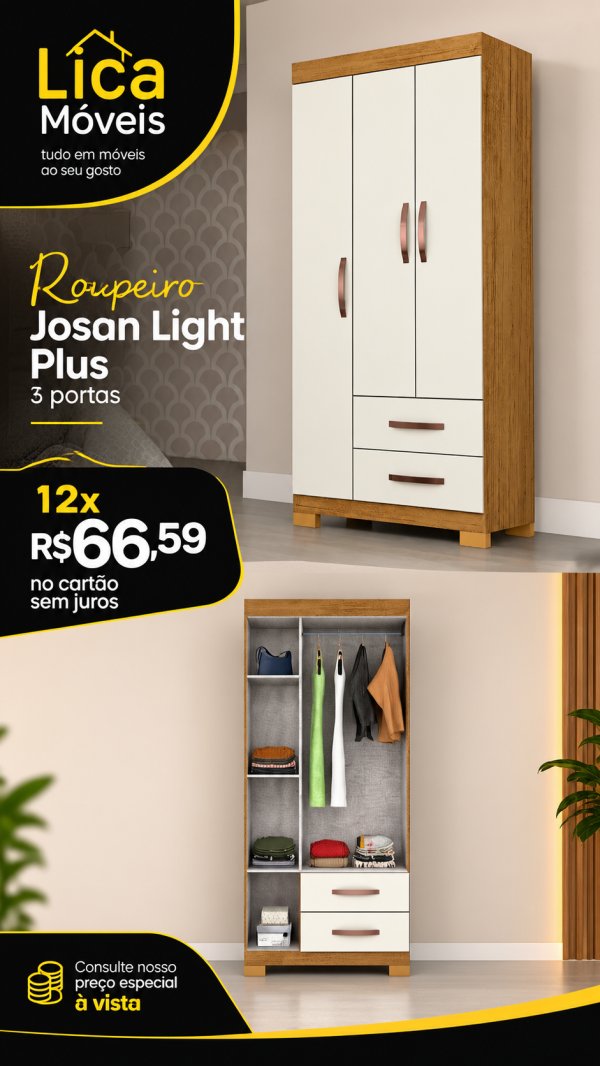 oferta Roupeiro Josan Light Plus 3 Portas Com 2 Gavetas da empresa Lica Móveis - Amaro Barreto