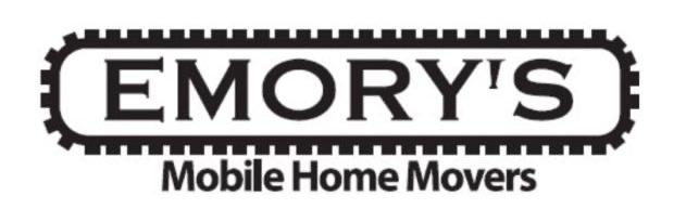 The logo for Emory’s Mobile Home Movers, a company based in Charlotte, featuring the company name in bold black text within a gear-like border.