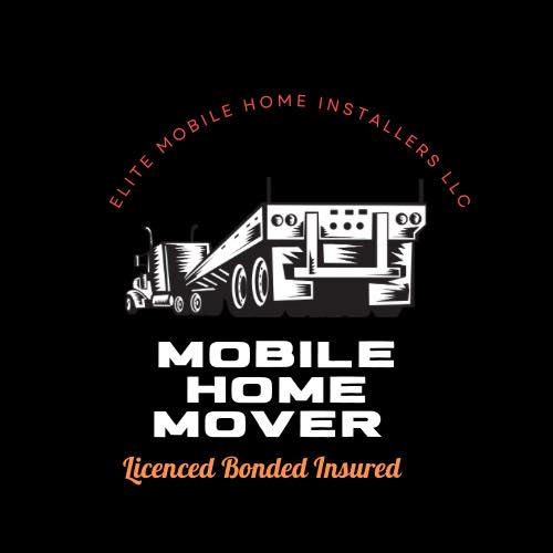 The image shows a black square with a white graphic of a semi-truck hauling a mobile home and text.