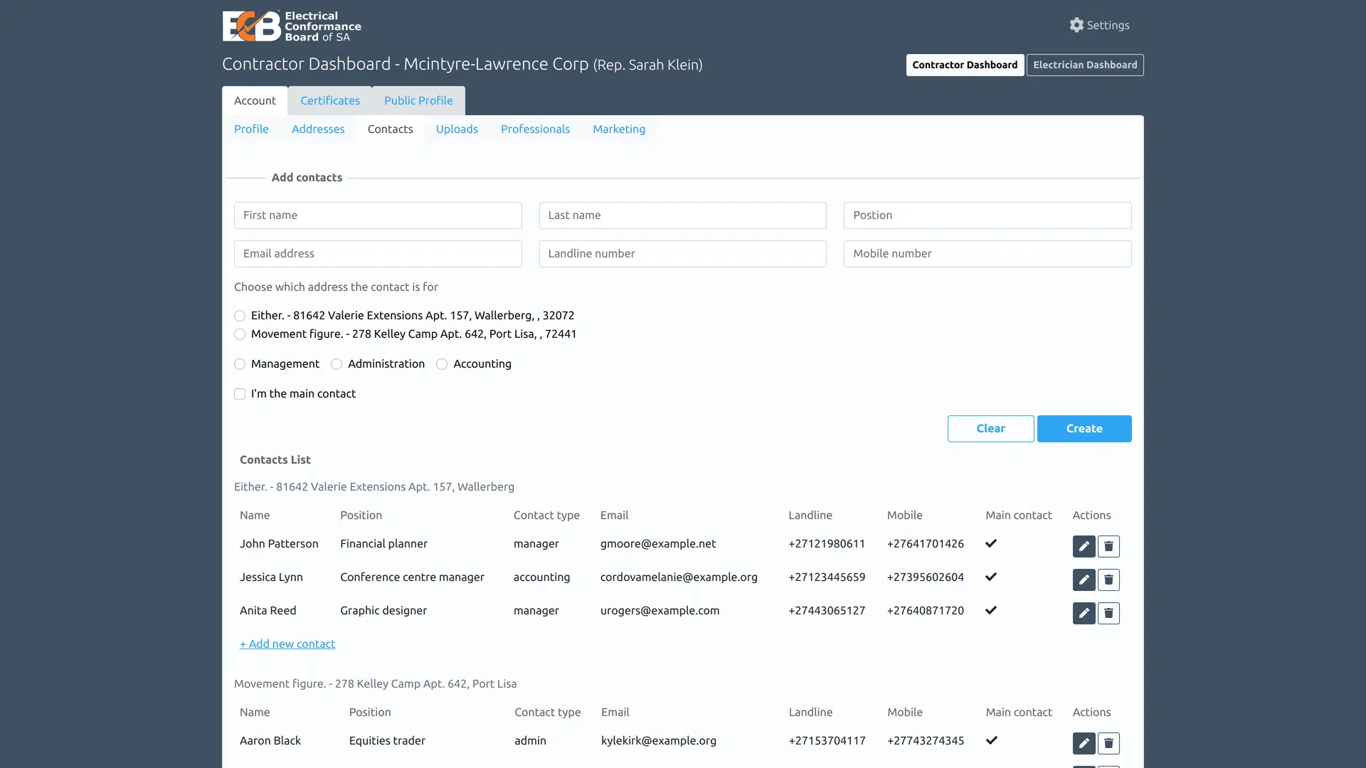 Companies Dashboard - Contacts