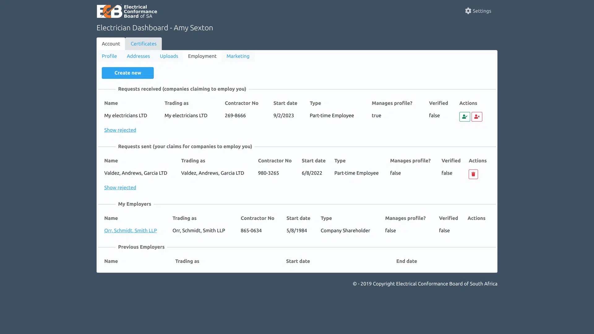 Electrician Dashboard - Employments