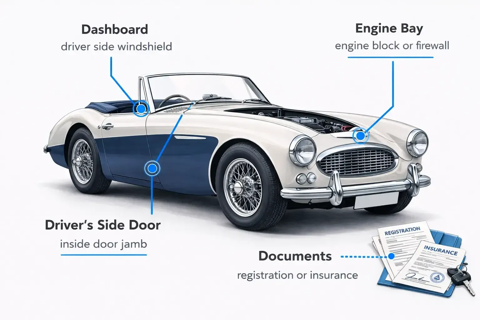 VIN check classic Austin Healey with dashboard, driver-side door, engine bay, and document VIN locations.
