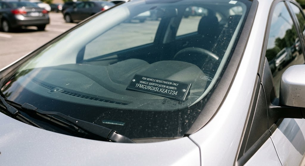 Ford VIN displayed on the driver's side dashboard
