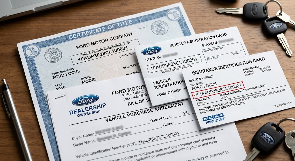 Ford VIN shown on vehicle registration and documents